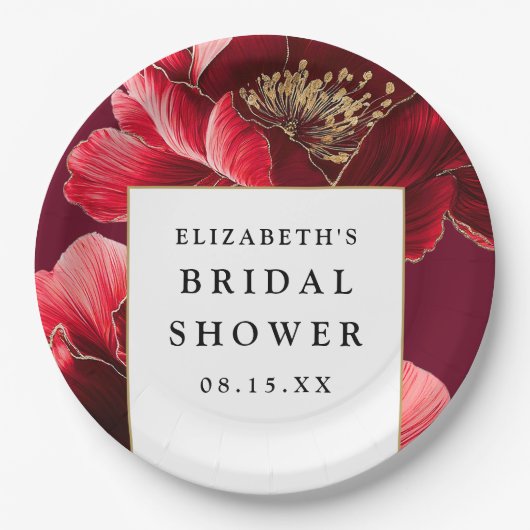 Bordeauxrood Bloemachtig Elegant Modern Bruidsfees Papieren Bordje (Voorkant)