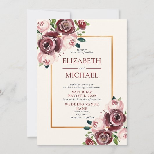  bordeauxrood bloemenbruiloft kaart (Voorkant)