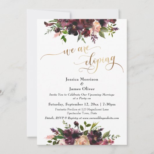 Bordeauxrood bloemmotief & gouden elegant we gaan  kaart (Voorkant)