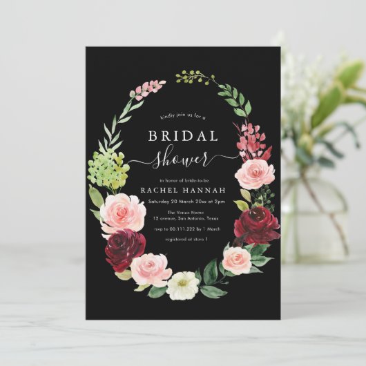 bordeauxrood bloesem zwart vrijgezellenfeest kaart (Staand voorkant)