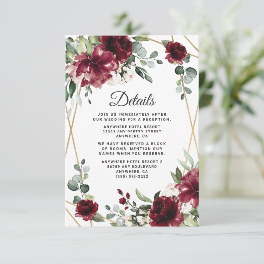 Bordeauxrood Blush Goud Geometrisch Groene Huwelij Informatiekaartje (Staand voorkant)