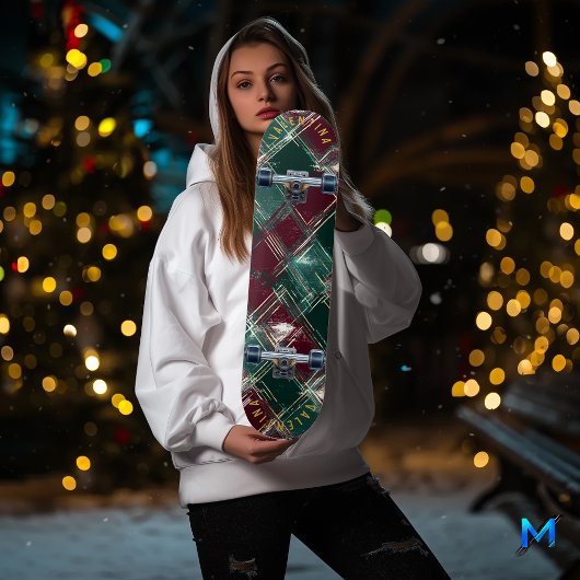 Bordeauxrood en bosgroen klassiek tartan persoonlijk skateboard