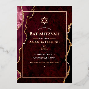 Bordeauxrood en Roségoud Nep-Agaat Bat Mitzvah Folie Uitnodiging
