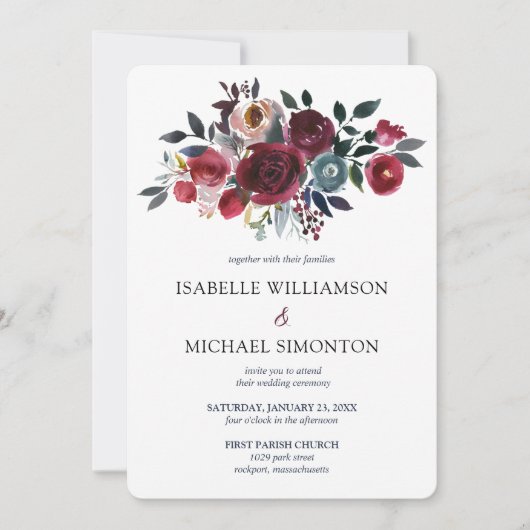 Bordeauxrood en roze roos bloemige trouwdag kaart (Voorkant)