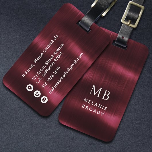 Bordeauxrood Geborsteld Stalen Nep Metaal Monogram Bagagelabel