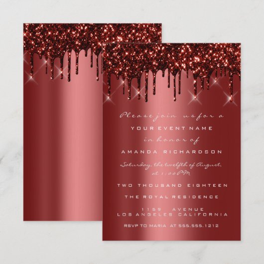 Bordeauxrood Glitterende Druppels Bruids Sweet 16 Kaart (Voorkant / Achterkant)