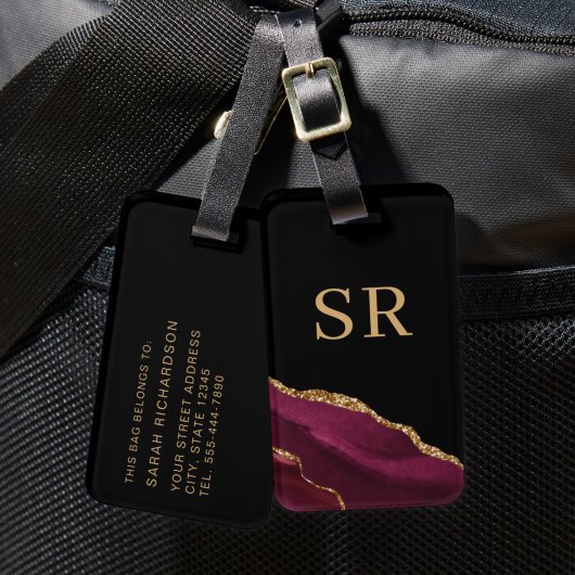 Bordeauxrood Goud Agaat Monogram Bagagelabel