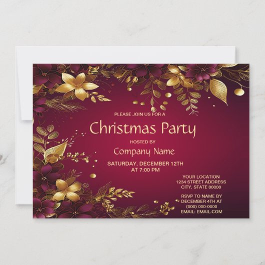 Bordeauxrood Gouden Bloemen Kerstfeest Kaart (Voorkant)