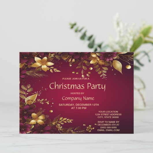 Bordeauxrood Gouden Bloemen Kerstfeest Kaart (Staand voorkant)