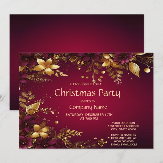 Bordeauxrood Gouden Bloemen Kerstfeest Kaart (Voorkant / Achterkant)