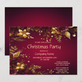 Bordeauxrood Gouden Bloemen Kerstfeest Kaart