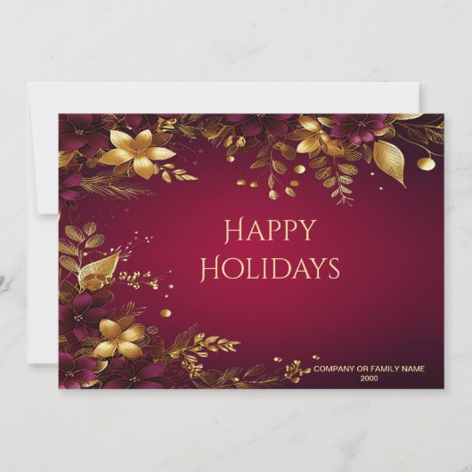 Bordeauxrood Gouden Bloemen Kerstkaart (Voorkant)