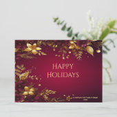 Bordeauxrood Gouden Bloemen Kerstkaart (Staand voorkant)