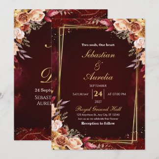 Bordeauxrood & Gouden Frame Bloemen Bruiloftsinvat Kaart