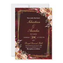 Bordeauxrood & Gouden Frame Bloemen Bruiloftsinvit