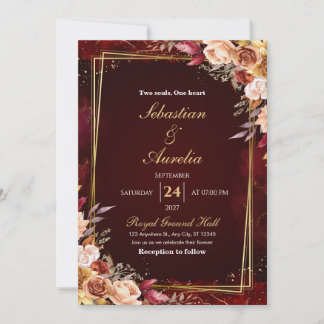 Bordeauxrood & Gouden Frame Bloemen Bruiloftsinvit Kaart