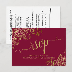 Bordeauxrood & Gouden Kant Kalligrafie Bruiloft RSVP Kaartje