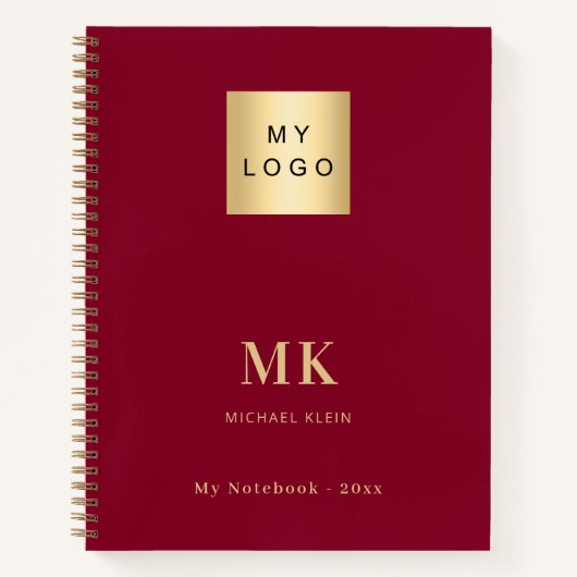 Bordeauxrood gouden monogram initiaal zakelijk notitieboek (Voorkant)