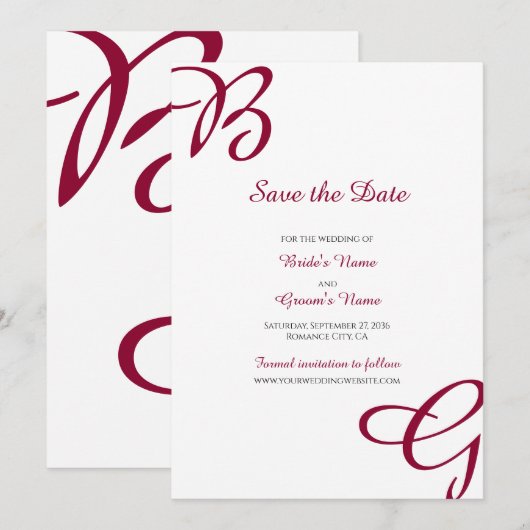 Bordeauxrood Initiaal Herfst Huwelijk Save The Date (Voorkant / Achterkant)
