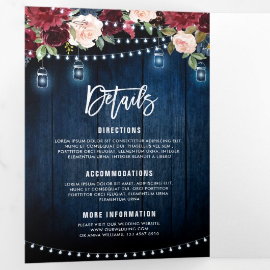 Bordeauxrood marine kerstverlichting drievoudig br drieluik aankondiging (Binnenzijde eerst)