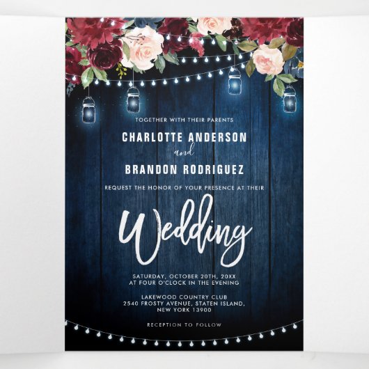 Bordeauxrood marine kerstverlichting drievoudig br drieluik aankondiging (Binnenkant midden)