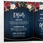 Bordeauxrood marine snoerlicht drievoudig bruiloft drieluik aankondiging (Binnenzijde eerst)