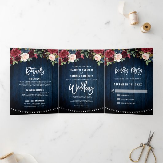 Bordeauxrood marine snoerlicht drievoudig bruiloft drieluik aankondiging (Binnen)