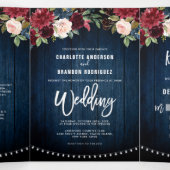 Bordeauxrood marine snoerlicht drievoudig bruiloft drieluik aankondiging (Binnenkant midden)