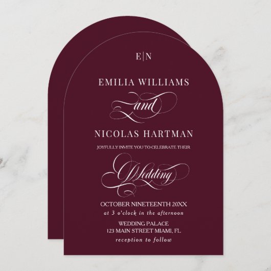 Bordeauxrood Monogram Klassieke Trouwdag Kaart (Voorkant / Achterkant)