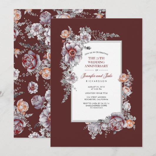 Bordeauxrood Vintage Bloemige Trouwverjaardag Kaart (Voorkant / Achterkant)