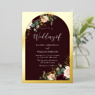 Bordeauxrood waterverf bloemen bruiloft goud folie uitnodiging