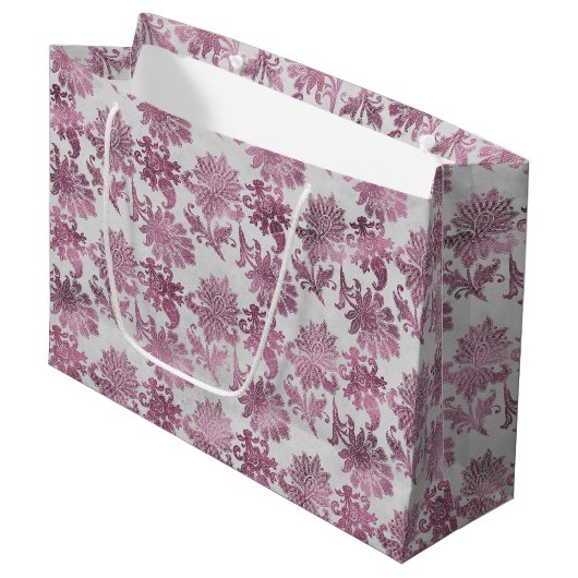Bordeauxrood Zilver Bloemmotief Groot Cadeauzakje (Voorkant Gekanteld)