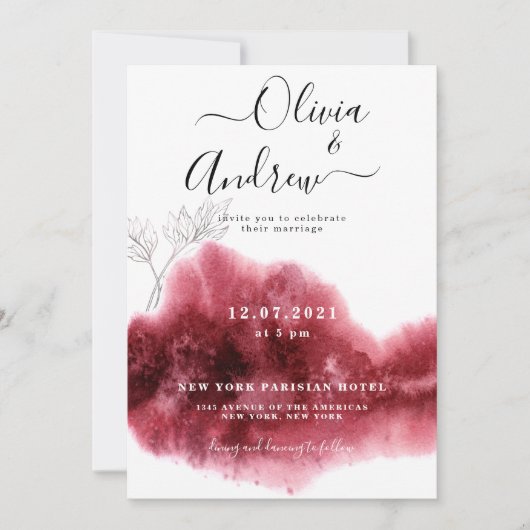 Bordeauxrood Zilver Botanisch Aquarel Bruiloft Kaart (Voorkant)