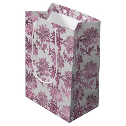 Bordeauxrood Zilveren Bloem Bruiloft Medium Cadeauzakje (Achterkant Gekanteld)