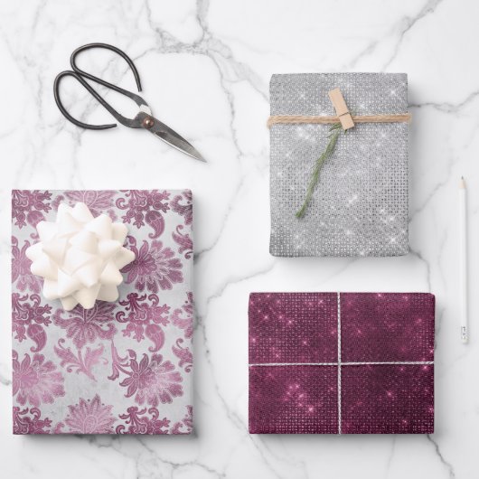 Bordeauxrood Zilveren Bloemenschittering Bruidsfee Inpakpapier Vel (Voorkant)