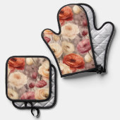 Bordeauxroom lente bloemen bruiloftsborrel ovenwant & pannenlap set (Voorkant / Achterkant)