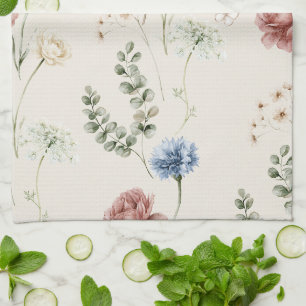 Bordeauxroos Blauwe Witte Bloemen Vlinder Theedoek