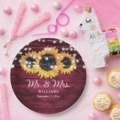 Bordeauxroos Zonnebloem Rustieke Houten Bruiloft Papieren Bordje (Feest)