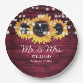 Bordeauxroos Zonnebloem Rustieke Houten Bruiloft Papieren Bordje (Voorkant)