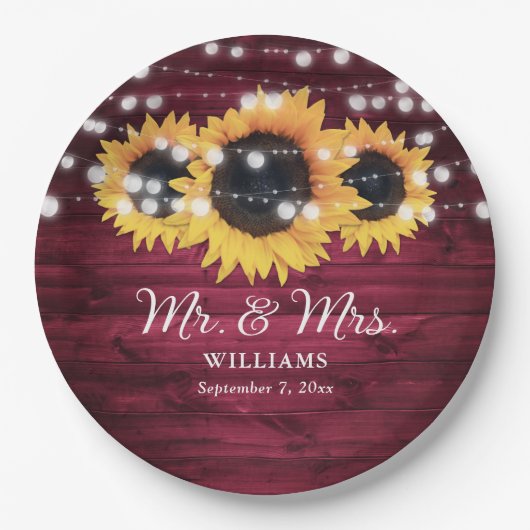Bordeauxroos Zonnebloem Rustieke Houten Bruiloft Papieren Bordje (Voorkant)