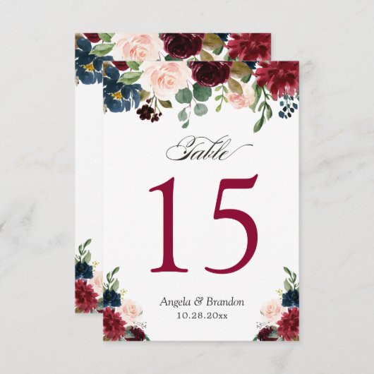 Bordeauxroze Blauwe Bloemige Trouwtafel Nummers RSVP Kaartje (Voorkant / Achterkant)