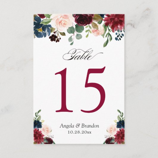 Bordeauxroze Blauwe Bloemige Trouwtafel Nummers RSVP Kaartje (Voorkant)