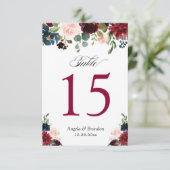 Bordeauxroze Blauwe Bloemige Trouwtafel Nummers RSVP Kaartje (Staand voorkant)