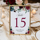 Bordeauxroze Blauwe Bloemige Trouwtafel Nummers RSVP Kaartje