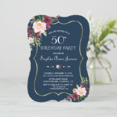 Bordeauxroze bloem goud Navyblauw 50ste verjaardag Kaart (Staand voorkant)