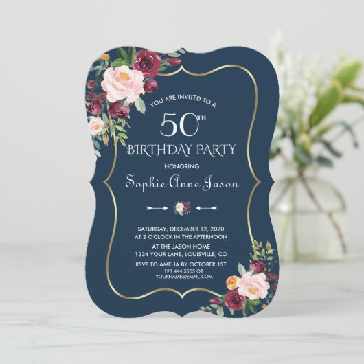 Bordeauxroze bloem goud Navyblauw 50ste verjaardag Kaart (Staand voorkant)