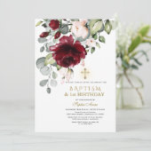 Bordeauxroze Bloemen Doop 1e Verjaardagsfeestje Kaart (Staand voorkant)