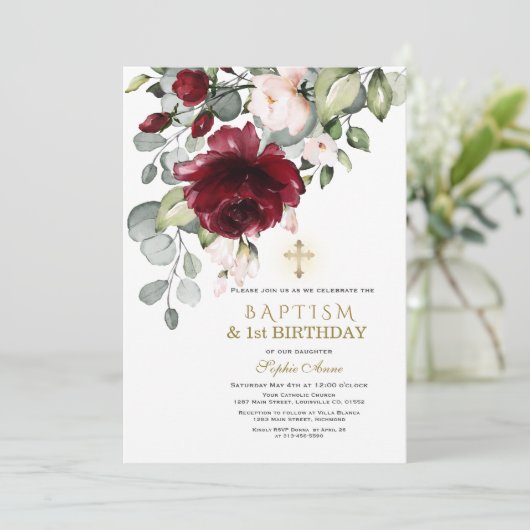 Bordeauxroze Bloemen Doop 1e Verjaardagsfeestje Kaart (Staand voorkant)