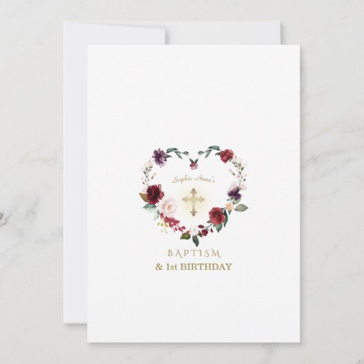 Bordeauxroze Bloemen Doop 1e Verjaardagsfeestje Kaart (Achterkant)