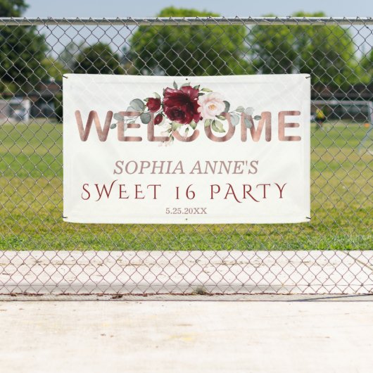 Bordeauxroze Bloemige Gouden Sweet !6 Welkomstbord Spandoek (Insitu)